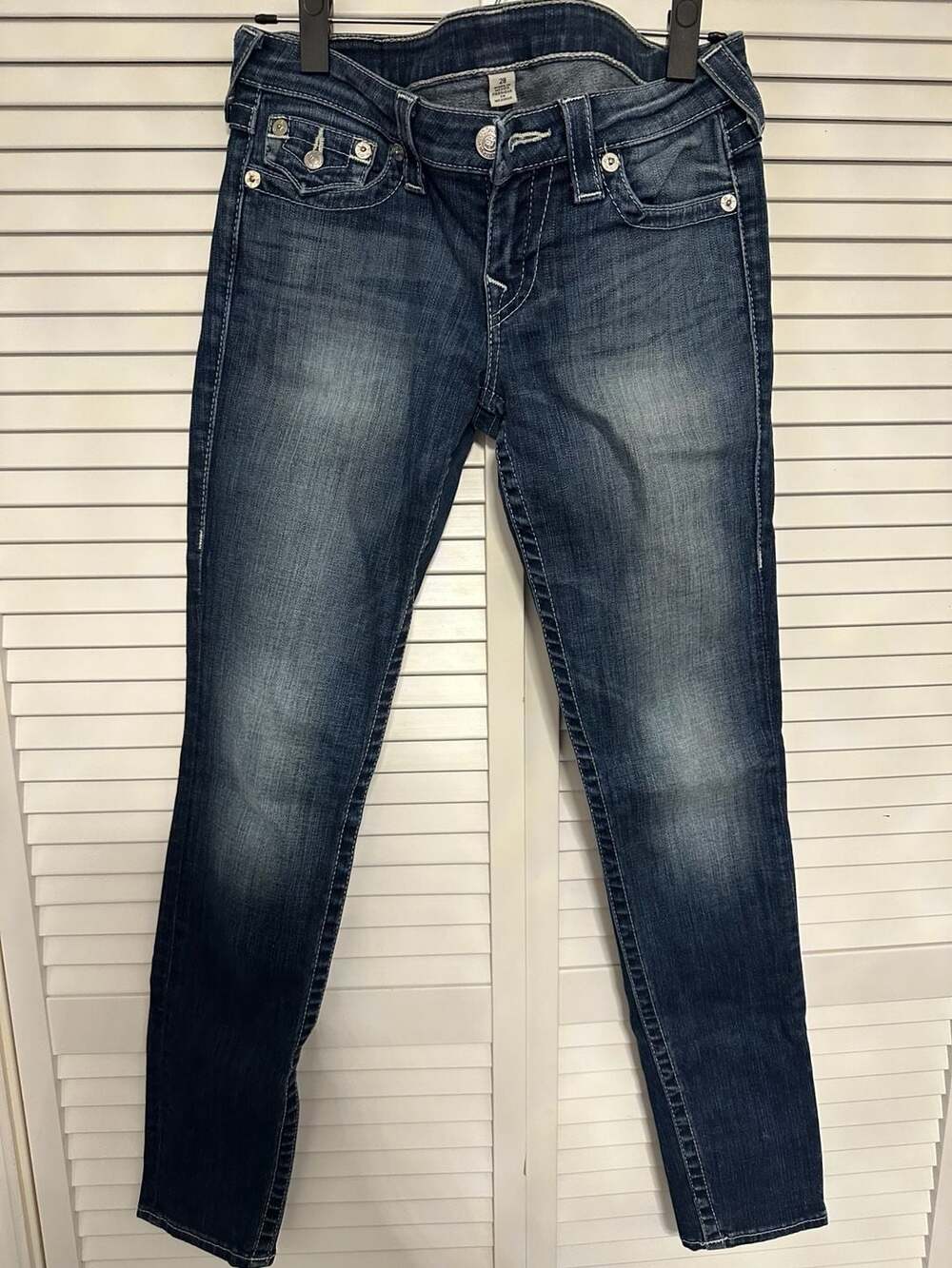 VINTAGE True Religion Skinny Jeans Women 28 Dark Wash White Stitch Flap Pocket